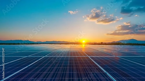 A stunning view of solar panels reflecting colorful sunlight at sunset, showcasing sustainable technology in harmony with nature and a bright future.