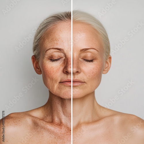 Comparison of portraits before and after cosmetic procedures for blonde skin on a white background. On the left in the photo is an older woman's face with wrinkles and pigmentation, on the right is yo