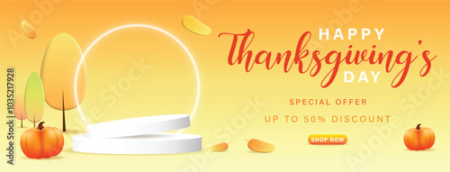 Thanksgiving Display Podium Decoration Background with Autumn leaves and empty minimal podium pedestal product display. Background or banner template for the design of Autumn and Fall Banners