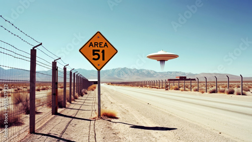 Intriguing View of Area 51 Sign Amidst Nevada Desert's Barbed Wire and Secretive Facilities photo