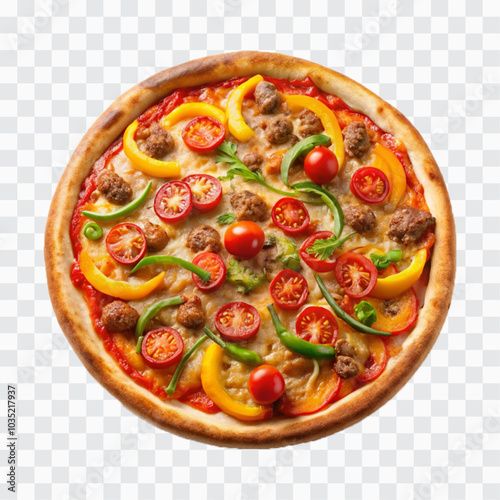 delicious pizza with ham and bacon slices, mozzarella cubes, tomatoes, bell pepper png design 