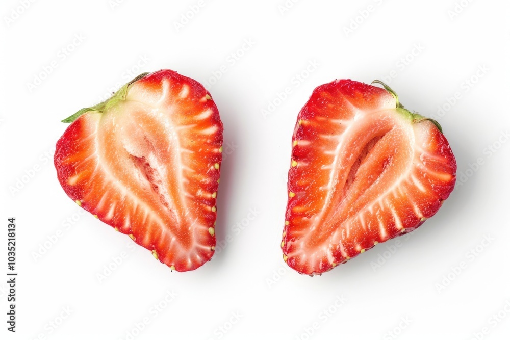 Fresh strawberry halves arranged on a clean white background, great for food and fruit related concepts