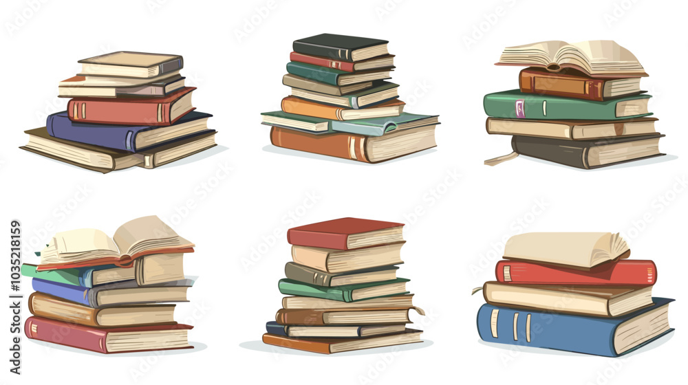 Cute colorful book collection. Set of different stacks and piles of books, open and closed books. Educational theme, scientific and fiction literature. Vector illustration isolated on white background Cute colorful book collection. Set of different stacks and piles of books, open and closed books. Educational theme, scientific and fiction literature. Vector illustration isolated on white background