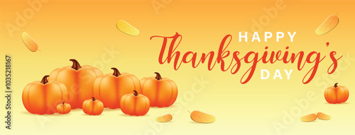 Thanksgiving day banner. Holiday background with realistic 3d orange pumpkin, autumn leaves. Horizontal holiday poster, header for website. Vector illustration