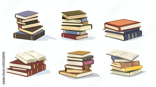 Cute colorful book collection. Set of different stacks and piles of books, open and closed books. Educational theme, scientific and fiction literature. Vector illustration isolated on white background