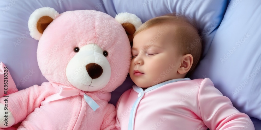 A peaceful moment with a baby sleeping beside a soft pink teddy bear on a cozy bed in a serene room A peaceful moment with a baby sleeping beside a soft pink teddy bear on a cozy bed in a serene room