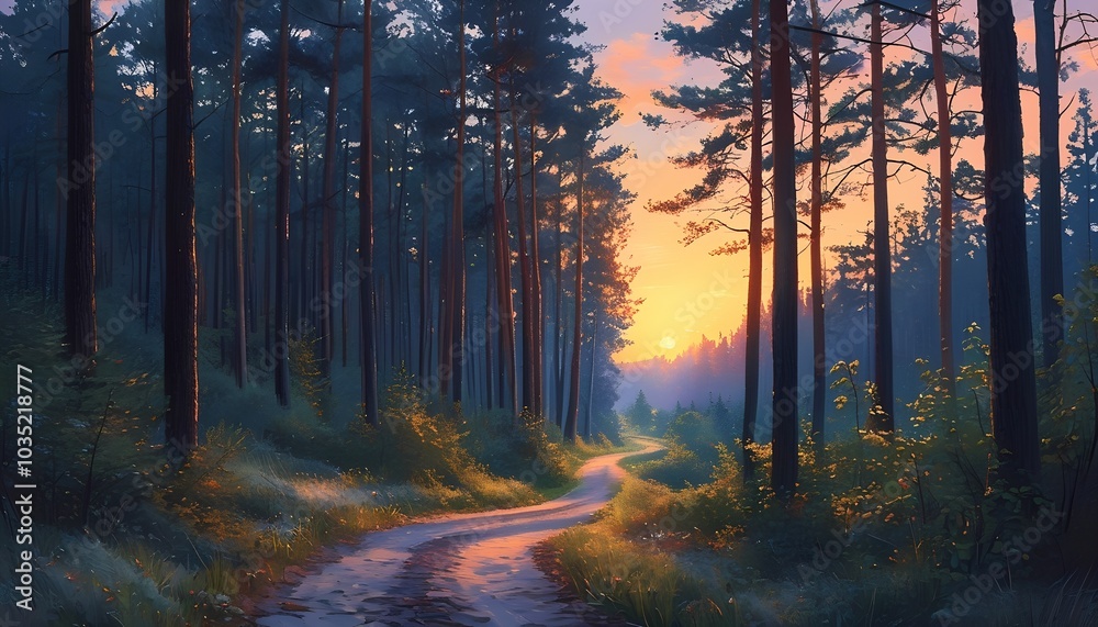 Obraz premium Forest Path Illuminated by the Fading Light of Twilight with Trees Silhouetted Against the Sky