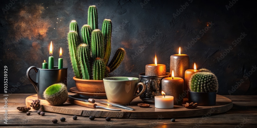 In a dreamy glow, a candlelight bathes a wooden surface featuring a charming cup, colorful makeup brushes, rich textile, and an intriguing cactus, all against midnight's shadow. In a dreamy glow, a candlelight bathes a wooden surface featuring a charming cup, colorful makeup brushes, rich textile, and an intriguing cactus, all against midnight's shadow.