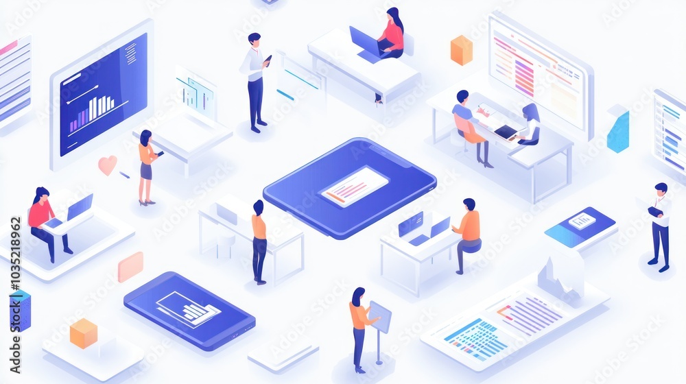 Isometric Illustration of People Working with Data and Technology Isometric Illustration of People Working with Data and Technology