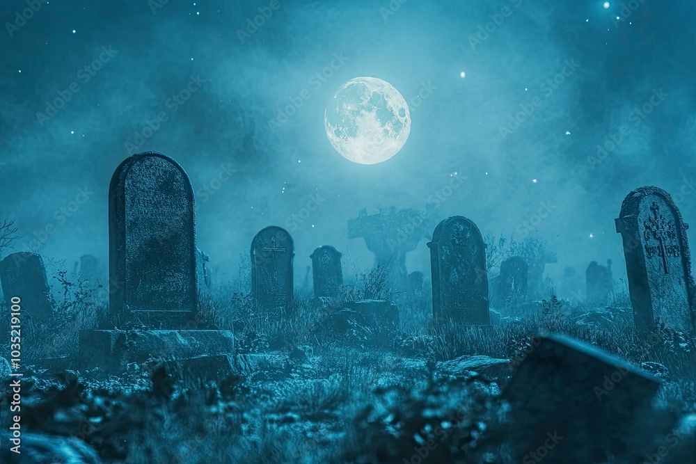 A spooky graveyard under a full moon, with eerie mist floating above the tombstones. Dark, haunting atmosphere perfect for Halloween or horror themes. blur background with generative ai A spooky graveyard under a full moon, with eerie mist floating above the tombstones. Dark, haunting atmosphere perfect for Halloween or horror themes. blur background with generative ai