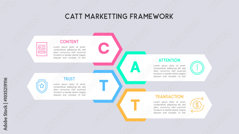 Vibrant Modern Infographic of the CATT Marketing Framework with Interconnected Hexagons Vibrant Modern Infographic of the CATT Marketing Framework with Interconnected Hexagons