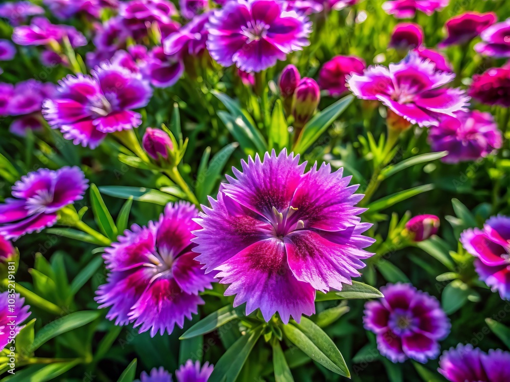 In a lively garden, delicate purple Dianthus Chinensis blooms stand out against rich greenery, capturing the essence of spring's floral beauty and vibrant nature photography. In a lively garden, delicate purple Dianthus Chinensis blooms stand out against rich greenery, capturing the essence of spring's floral beauty and vibrant nature photography.