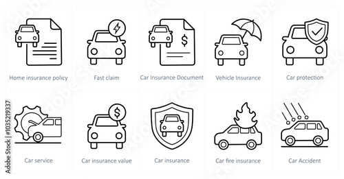 A set of 10 Insurance icons as home insurance policy, fast claim, car insurance document