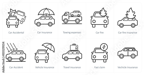 A set of 10 Insurance icons as car accidental, car insurance, towing insurance