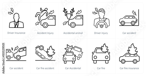 A set of 10 Insurance icons as driver insurance, accident injury, accidental animal
