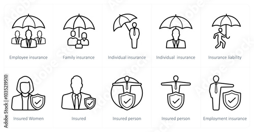 A set of 10 Insurance icons as employee insurance, family insurance, individual insurance
