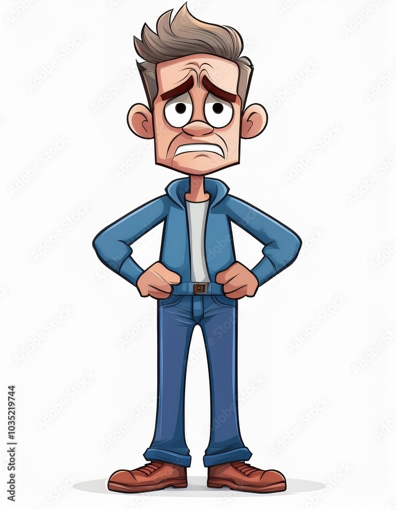 Depressed cartoon man standing with hands on hips, displaying emotions of stress, worry, and loneliness Depressed cartoon man standing with hands on hips, displaying emotions of stress, worry, and loneliness