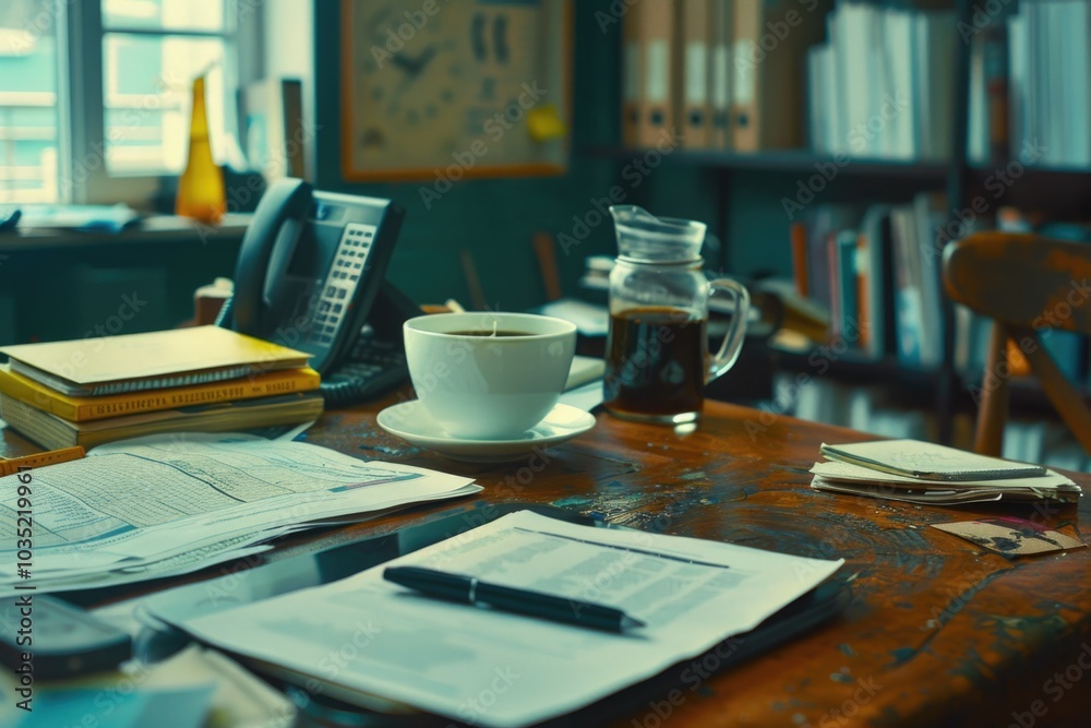 A cup of coffee placed on a wooden table, perfect for a morning pick-me-up A cup of coffee placed on a wooden table, perfect for a morning pick-me-up