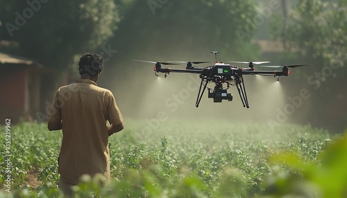 Drone hovering over an Indian agricultural field, spraying fertilizer, with a farmer overseeing the process, representing technological advancements in farming photo