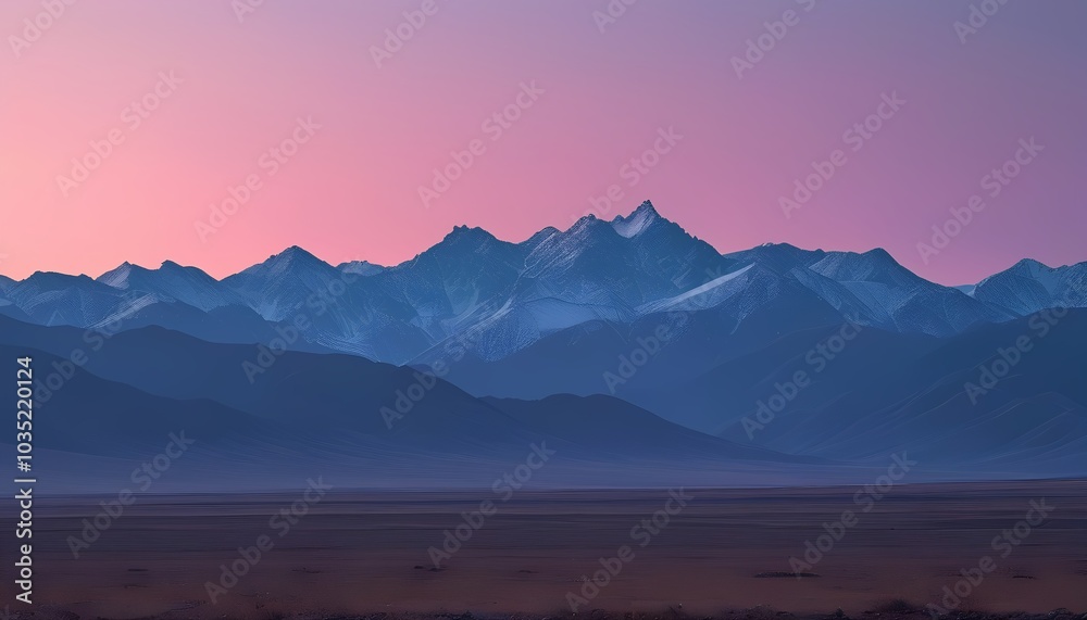 Fototapeta premium Mountain Range at Twilight with the Sky Gradually Transitioning from Pink to Purple