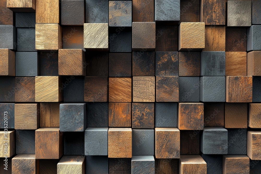 3D rendering of geometric wooden cubes arranged in an abstract pattern. The background is filled with various shades and types of wood. 3D rendering of geometric wooden cubes arranged in an abstract pattern. The background is filled with various shades and types of wood.