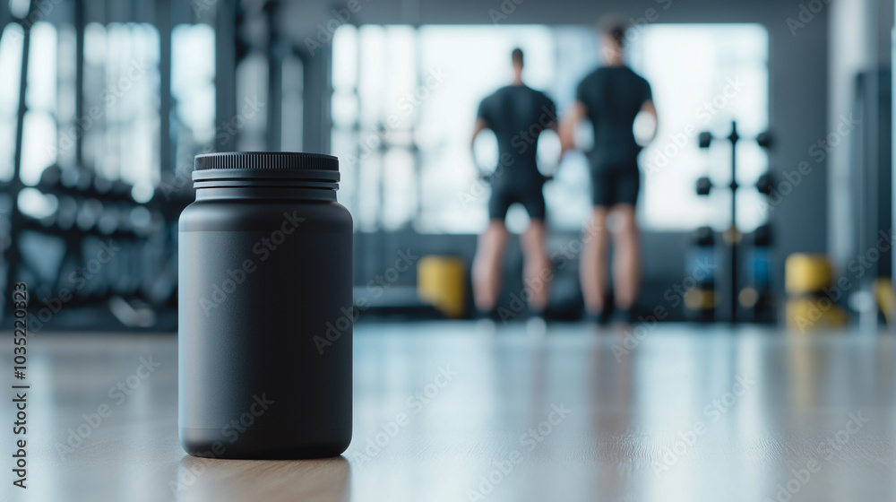 Protein Powder Supplement Jar in Gym Setting Protein Powder Supplement Jar in Gym Setting