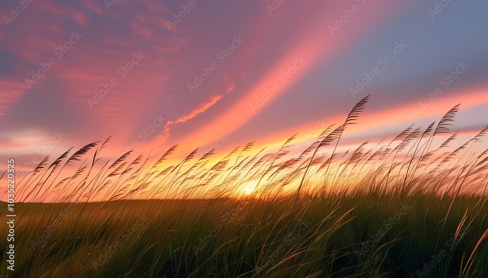 Obraz premium Twilight Over a Field of Tall Grasses with Soft Wind Creating Gentle Movement