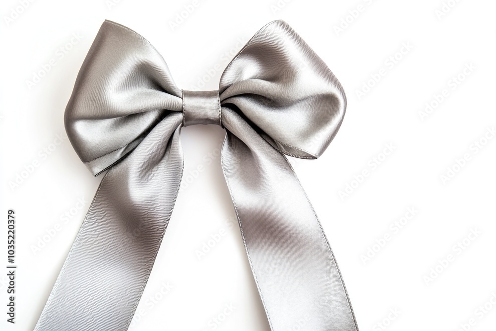 A single silver bow sits alone on a white surface, perfect for decorating or as a prop
