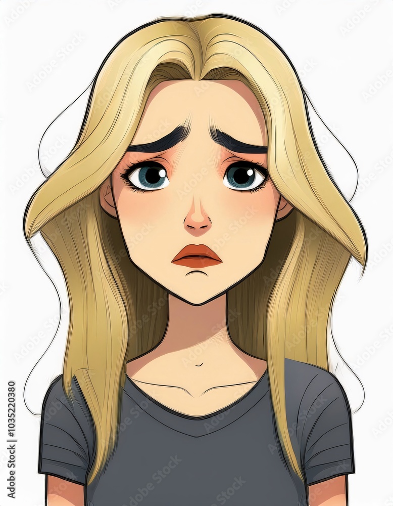 Illustration of a young woman with blonde hair and blue eyes feeling down and showing disappointment Illustration of a young woman with blonde hair and blue eyes feeling down and showing disappointment