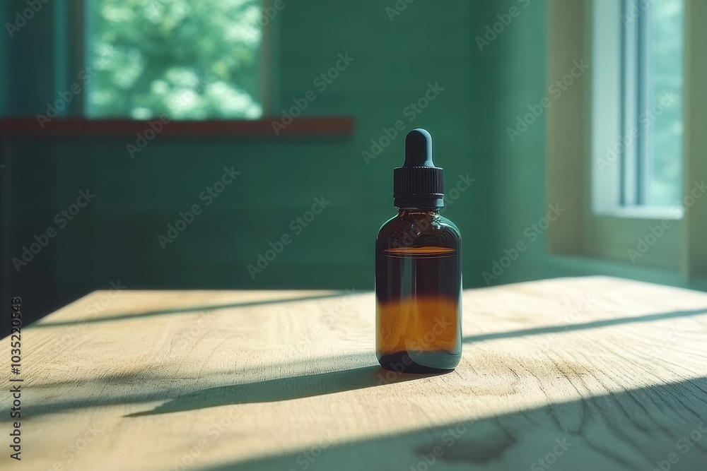Amber glass bottle of essential oil on a wooden surface with sunlight symbolizing natural wellness relaxation and purity in a peaceful home setting Amber glass bottle of essential oil on a wooden surface with sunlight symbolizing natural wellness relaxation and purity in a peaceful home setting