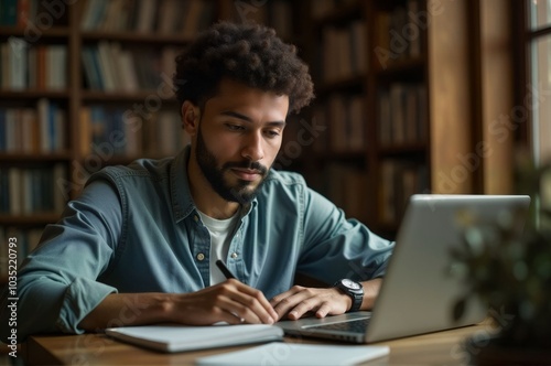 Focused Student Working on Laptop in Library Study Area