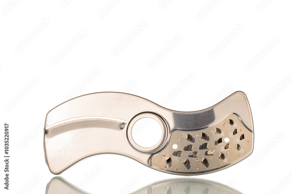 One metal mixer knife, macro, isolated on white background. One metal mixer knife, macro, isolated on white background.
