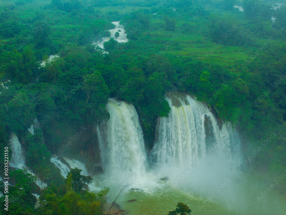 Aerial view of Ban Gioc Detian waterfall in Vietnam China border. The most beautiful and largest waterfall in Southeast Asia.