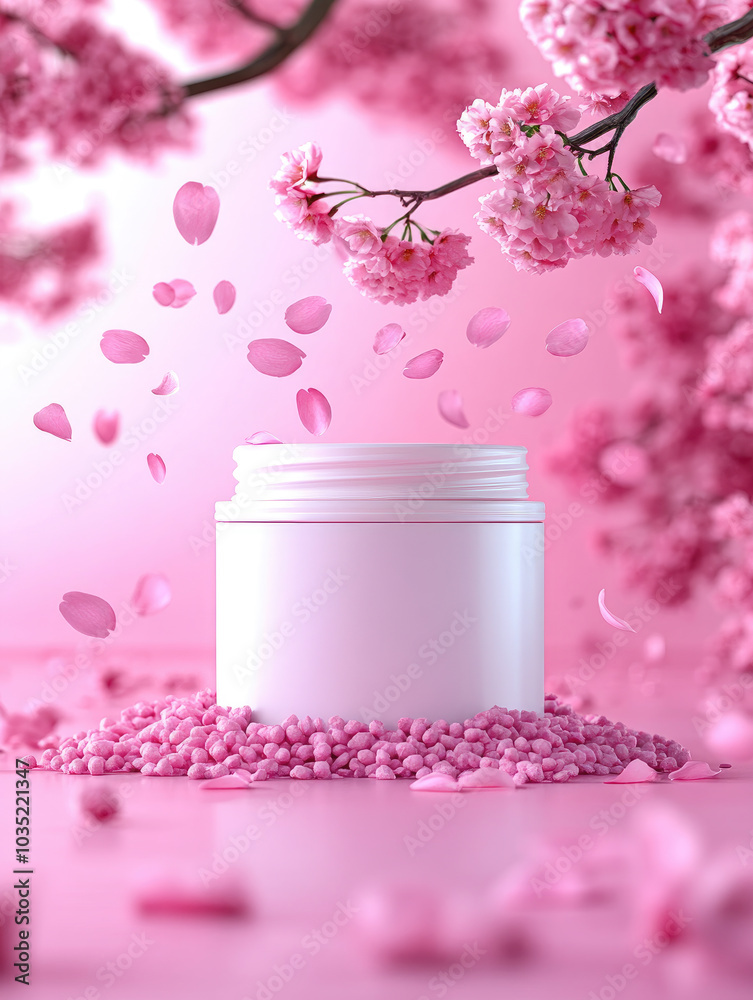 minimalist white jar of cosmetics is centered on a pink background with scattered cherry blossom petals minimalist white jar of cosmetics is centered on a pink background with scattered cherry blossom petals