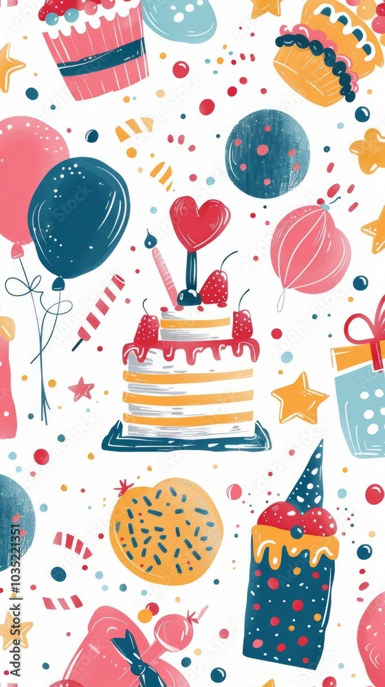 A festive birthday illustration with cakes, balloons, gifts, stars, and confetti on a white background. Captures a celebratory vibe. A festive birthday illustration with cakes, balloons, gifts, stars, and confetti on a white background. Captures a celebratory vibe.