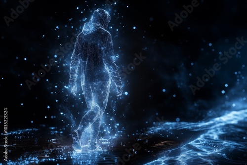 Male figure in a hoodie walking through a mystical blue light landscape.