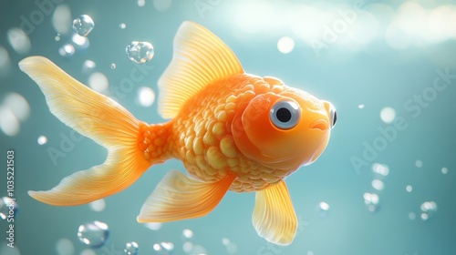 A goldfish is swimming in a tank with bubbles