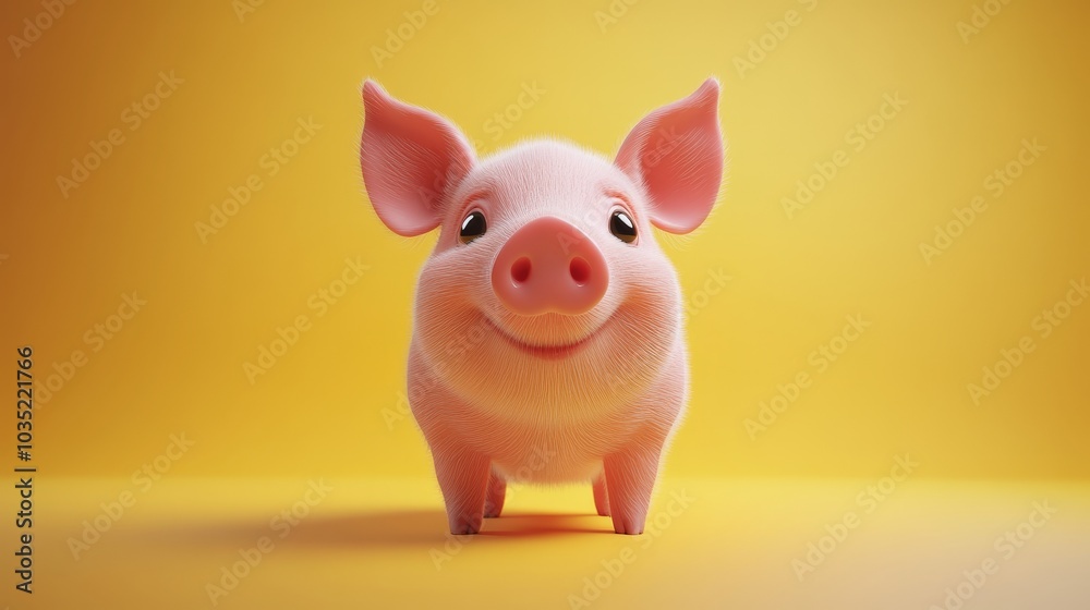 A cartoon pig with a big smile on its face is standing on a yellow background A cartoon pig with a big smile on its face is standing on a yellow background