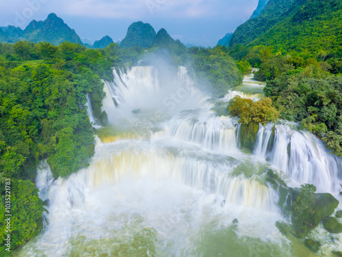 Aerial view of Ban Gioc Detian waterfall in Vietnam China border. The most beautiful and largest waterfall in Southeast Asia. photo