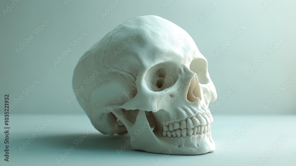 A white skull is sitting on a table