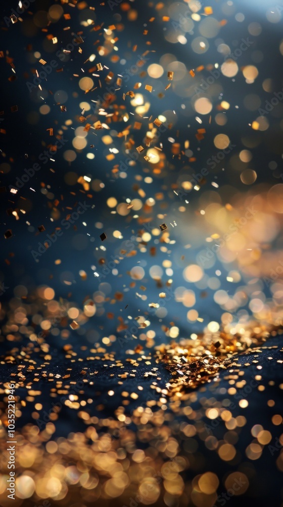 Naklejka premium Image shows gold coins seemingly in mid-air, scattered or falling, creating a dynamic, magical feel. Varying sizes, angles against dark backdrop evoke wealth, fantasy, extravagant treasure dispersal.