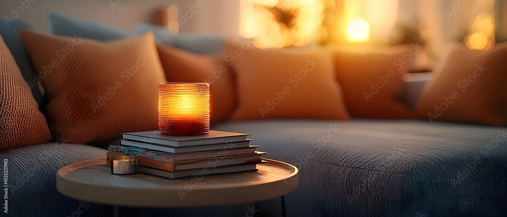 A lit candle on a stack of books creates a warm and inviting atmosphere on a cozy living room coffee table.