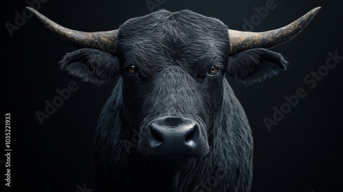 A black bull with horns is staring at the camera