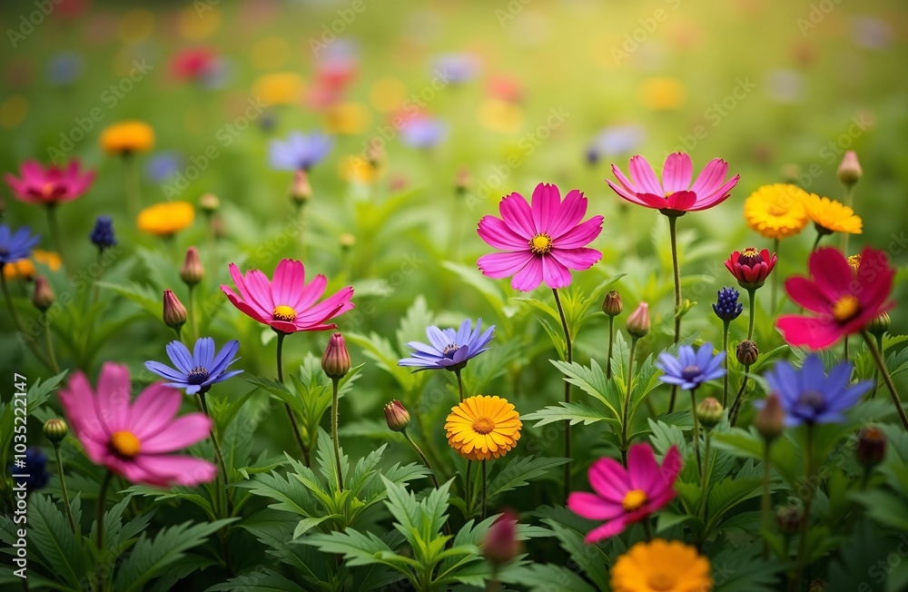Beautiful Garden of Vibrant Cosmos Flowers in Full Bloom—A Colorful Landscape of Nature's Bounty Beautiful Garden of Vibrant Cosmos Flowers in Full Bloom—A Colorful Landscape of Nature's Bounty