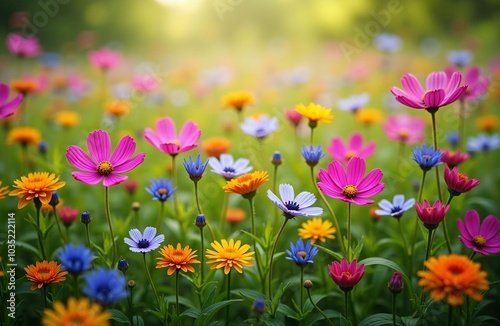 Beautiful Garden of Vibrant Cosmos Flowers in Full Bloom—A Colorful Landscape of Nature's Bounty