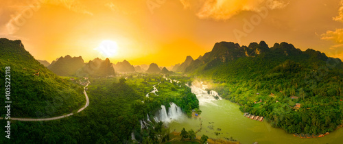 Aerial view of Ban Gioc Detian waterfall in Vietnam China border. The most beautiful and largest waterfall in Southeast Asia. photo