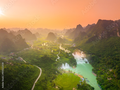 Aerial view of Ban Gioc Detian waterfall in Vietnam China border. The most beautiful and largest waterfall in Southeast Asia. photo