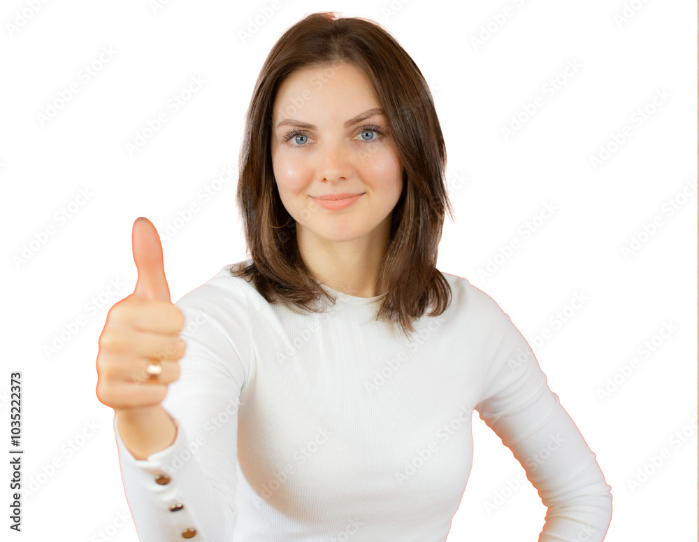Portrait of a happy young woman giving thumb up over transparent background Portrait of a happy young woman giving thumb up over transparent background