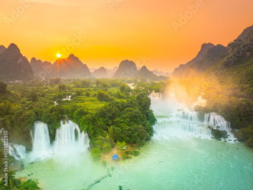 Aerial view of Ban Gioc Detian waterfall in Vietnam China border. The most beautiful and largest waterfall in Southeast Asia. photo