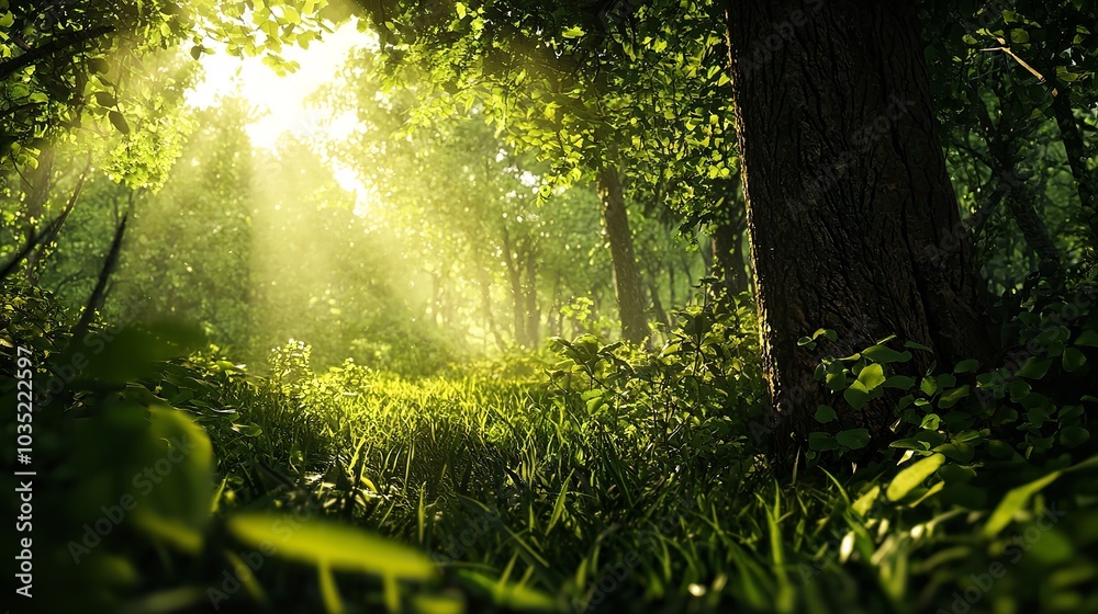 Obraz premium sun rays in the forest during morning